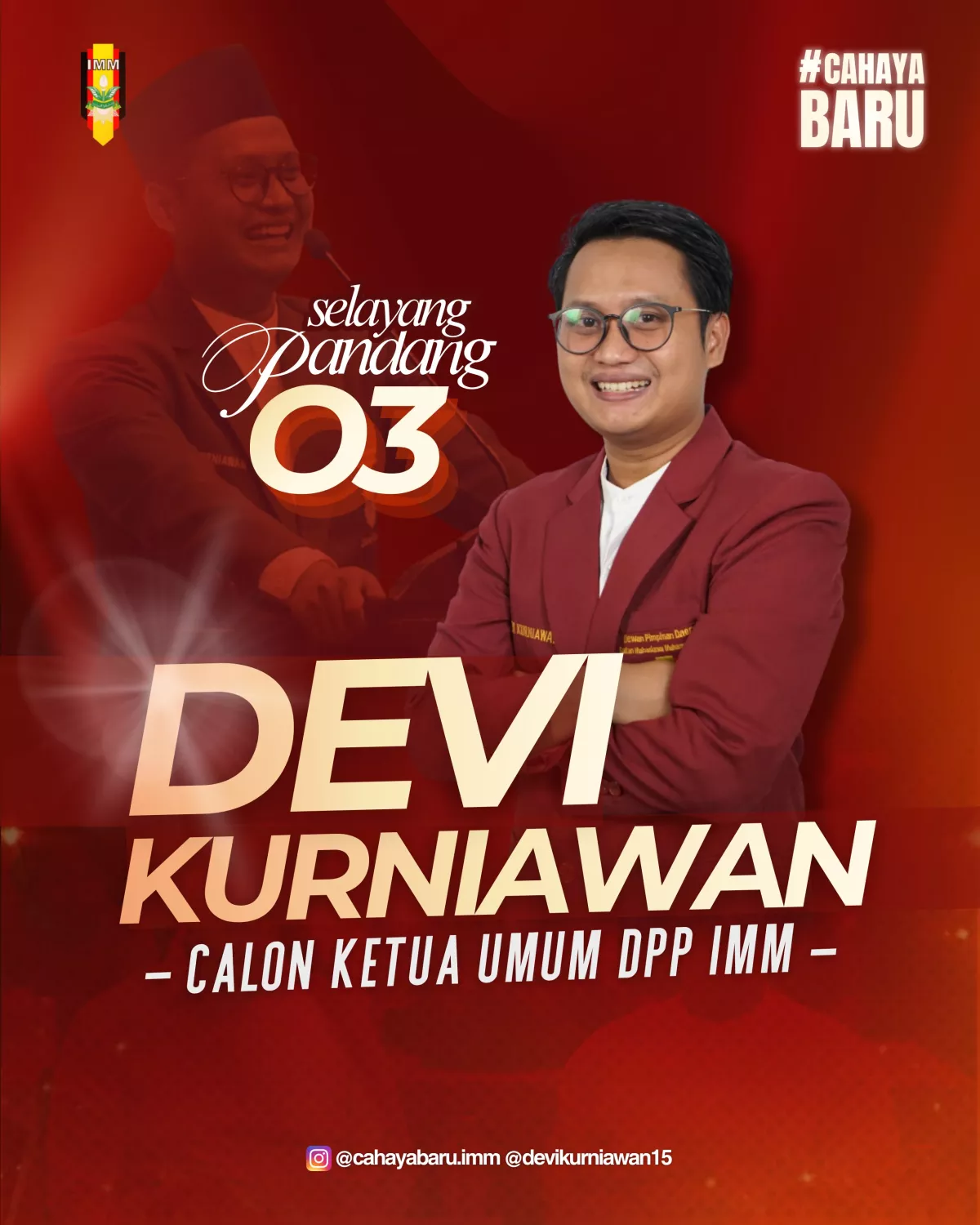 Poster deklarasi drh. Devi Kurniawan, M.M. sebagai calon Ketua Umum DPP IMM nomor urut 3 dengan usungan narasi "Cahaya Baru".